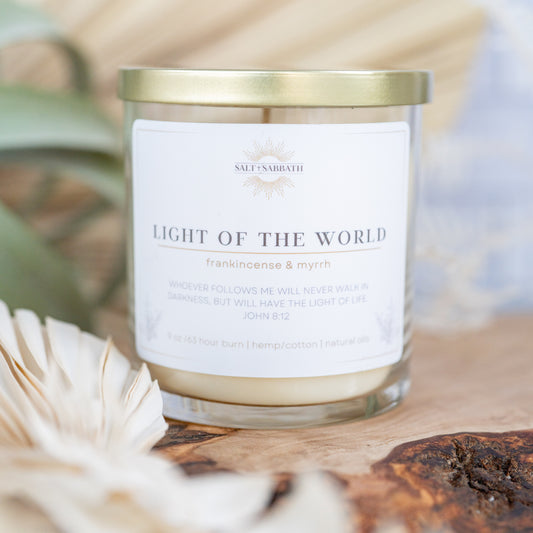 Frankincense & Myrrh | Non-Toxic, Long-Burning Candle Hand Poured in the USA | Light of the World | Bible Verse Fall Candle