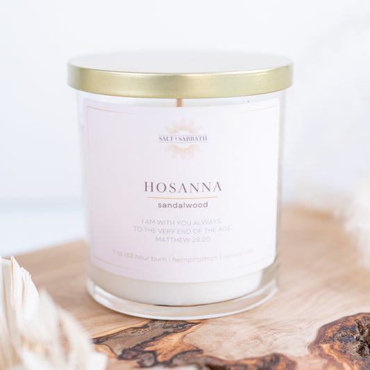 Sandalwood | Non-Toxic, Long-Burning Candle Hand Poured in the USA | Hosanna | Bible Verse Fall Candle