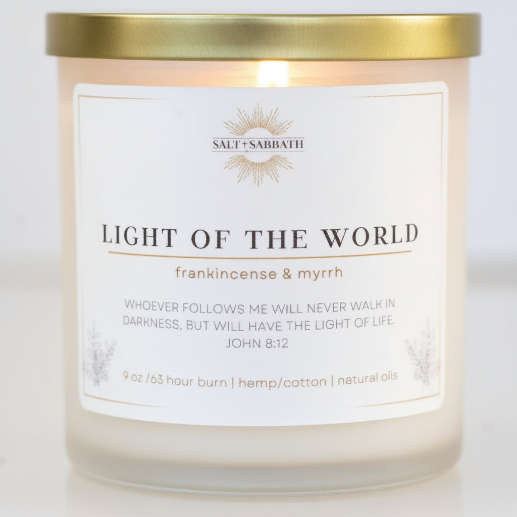 Frankincense & Myrrh | Non-Toxic, Long-Burning Candle Hand Poured in the USA | Light of the World | Bible Verse Fall Candle