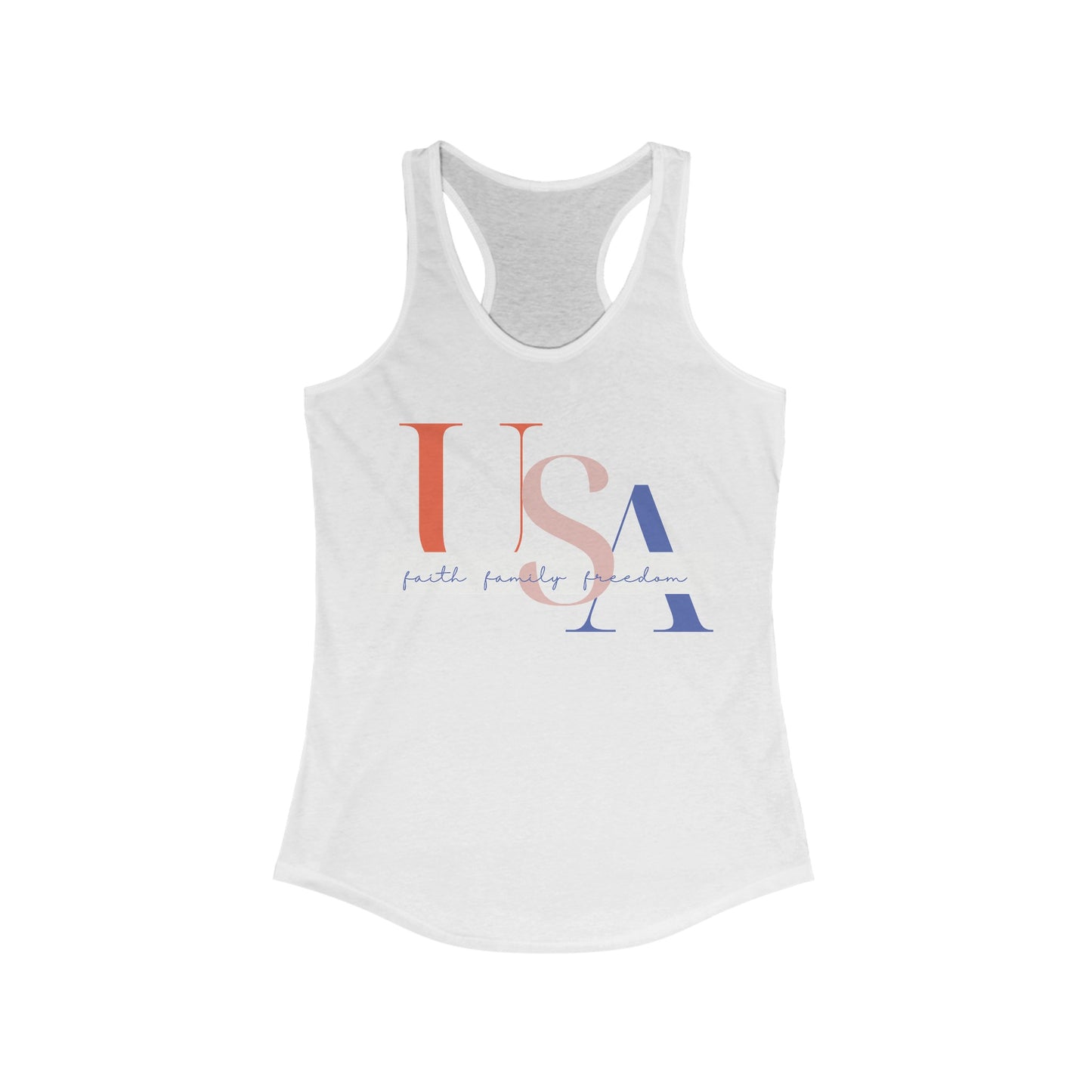 Women's Patriotic Faith Family Freedom Racerback Tank | Red & Blue USA