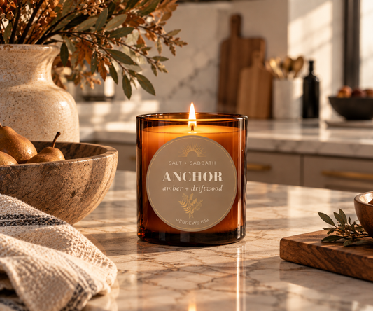Amber & Driftwood | Non-Toxic, Long-Burning Candle Hand Poured in the USA | Anchor | Bible Verse Fall Candle