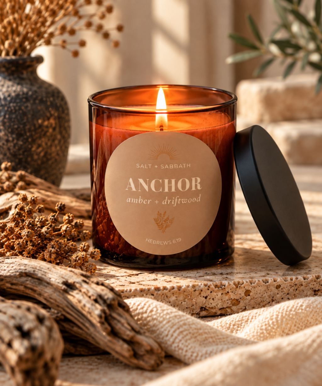 Amber & Driftwood | Non-Toxic, Long-Burning Candle Hand Poured in the USA | Anchor | Bible Verse Fall Candle