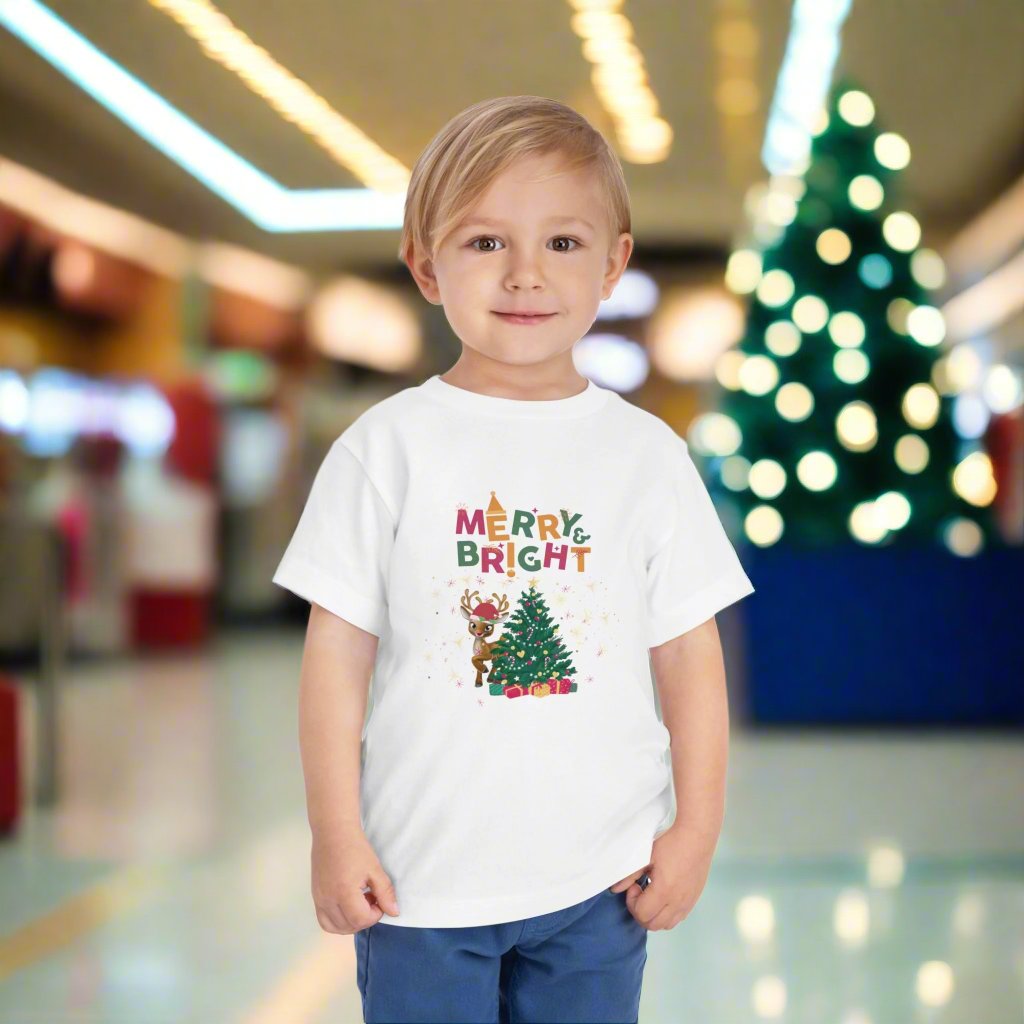 Toddler Short Sleeve Merry & Bright Christmas Tee | Christmas Apparel for Toddlers