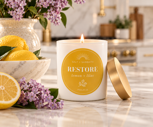 Lemon & Lilac | Non-Toxic, Long-Burning Candle Hand Poured in the USA | Restore | Bible Verse Candle