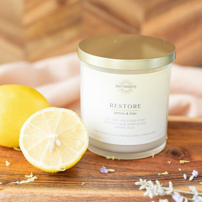 Lemon & Lilac | Non-Toxic, Long-Burning Candle Hand Poured in the USA | Restore | Bible Verse Candle