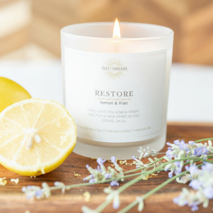 Lemon & Lilac | Non-Toxic, Long-Burning Candle Hand Poured in the USA | Restore | Bible Verse Candle